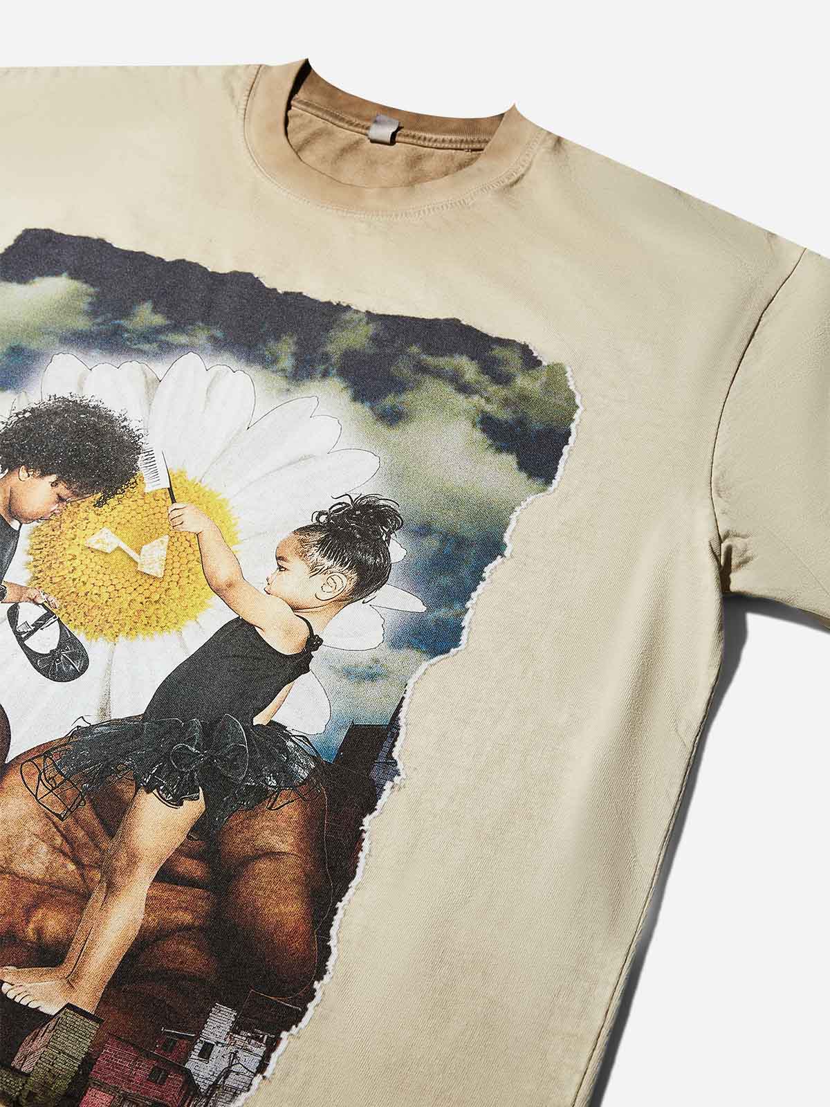 Childlike Whimsy Collage Washed Print T-Shirt