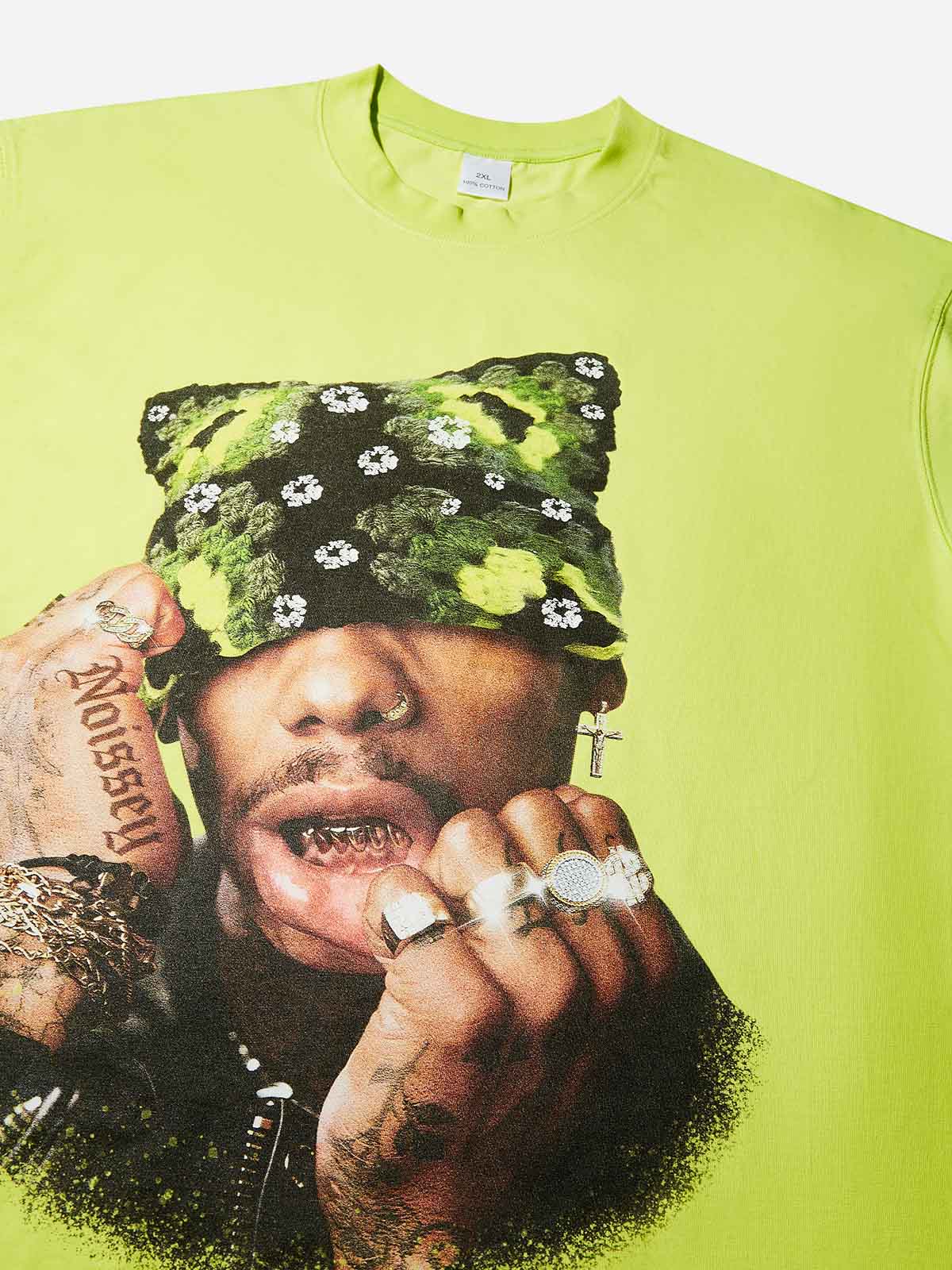 Fluorescent Green Cat Ear Hat Print T-Shirt