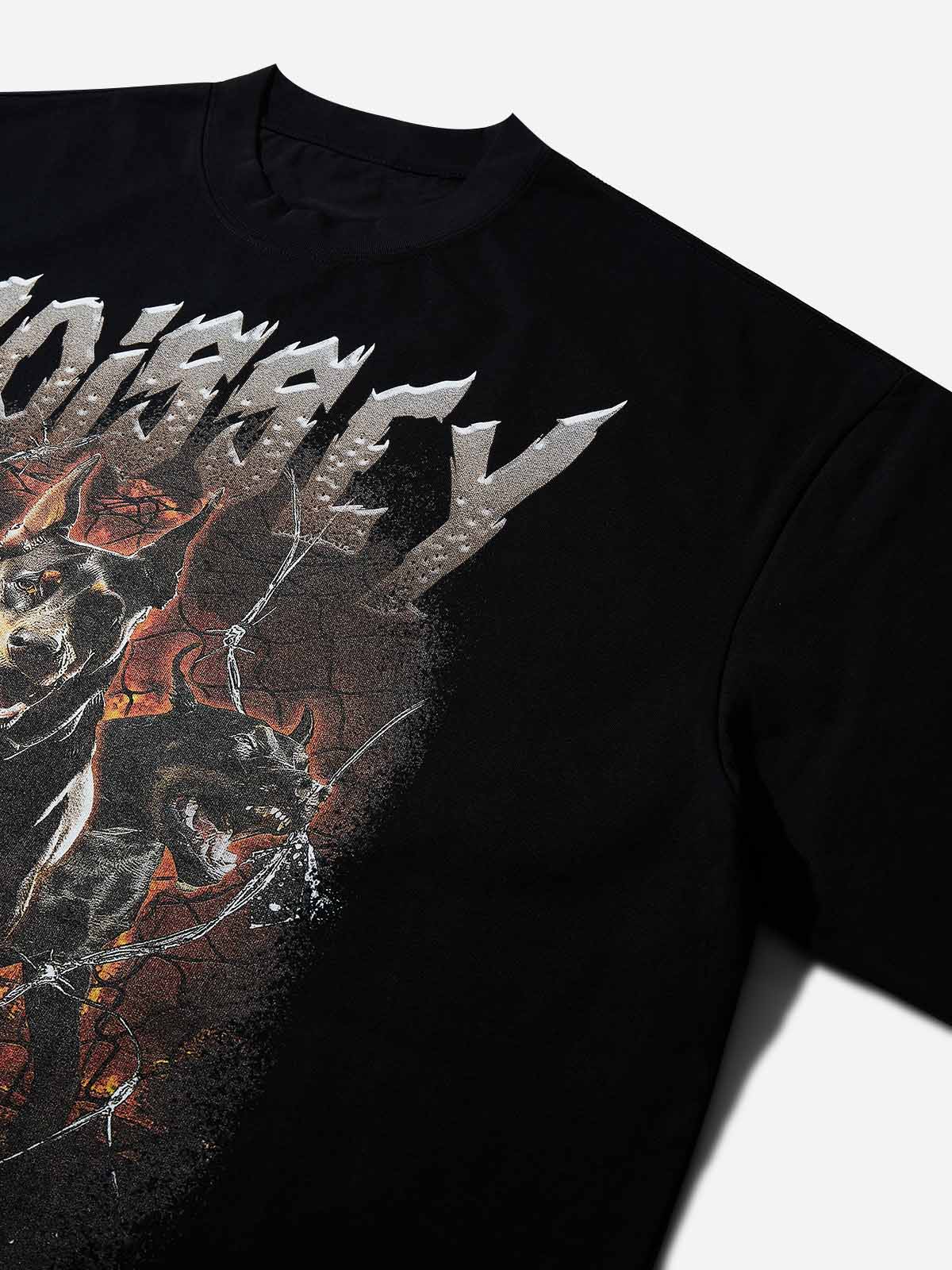Boxy Oversized T-shirt "Three-Headed Doberman Breaking Through Barbed Wire"