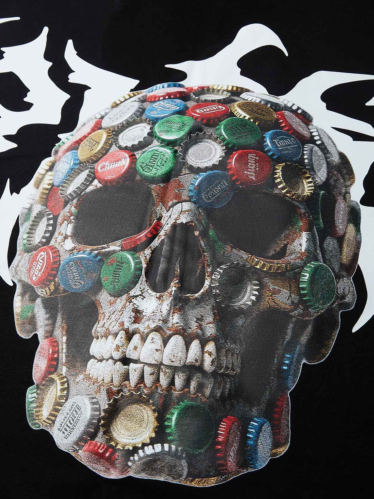 Oversized Batwing T-shirt Wild Bottle Cap Skull Collage Print
