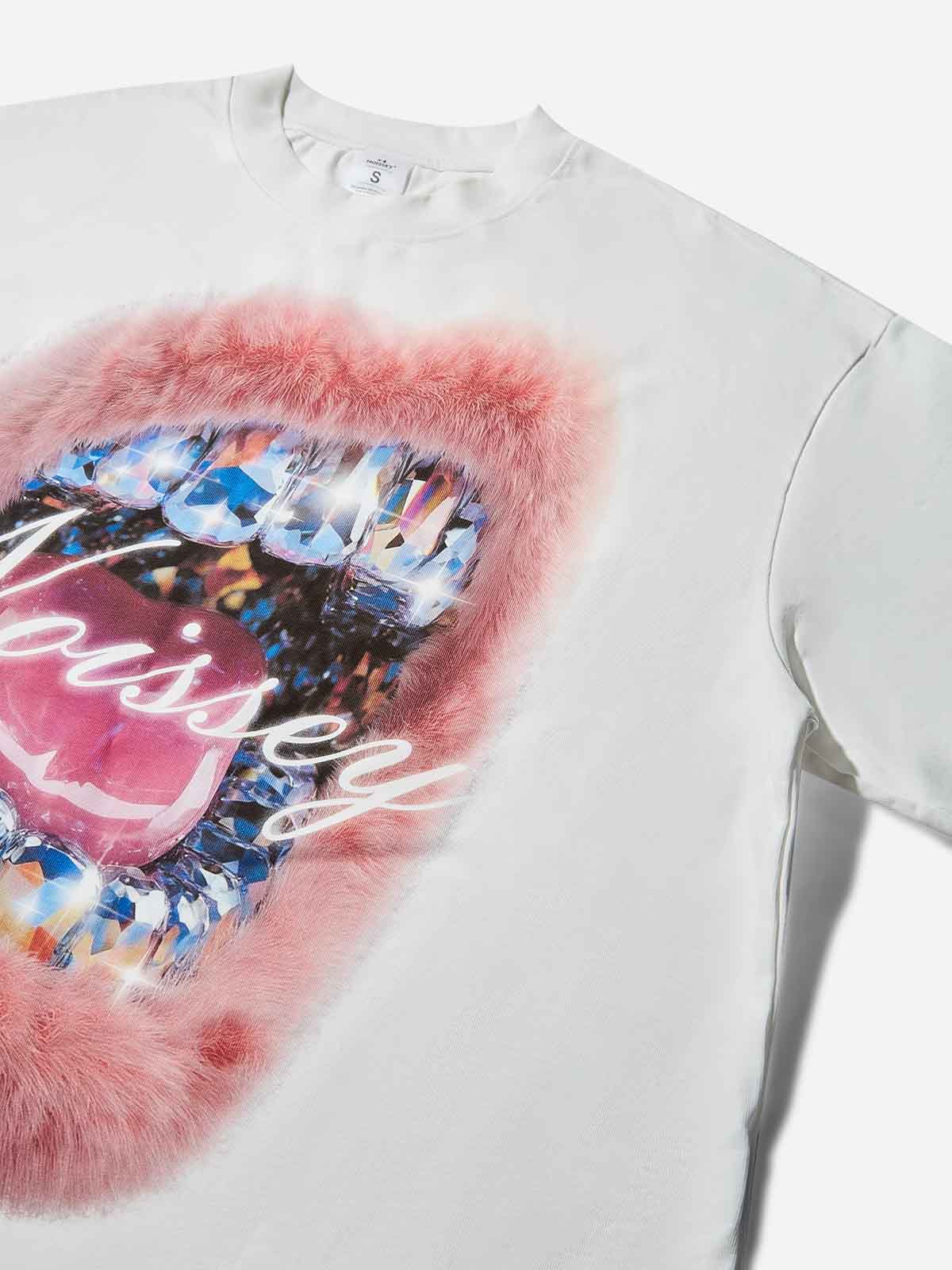 Boxy Oversized T-Shirt with Artistic Diamond Plush Lip Print