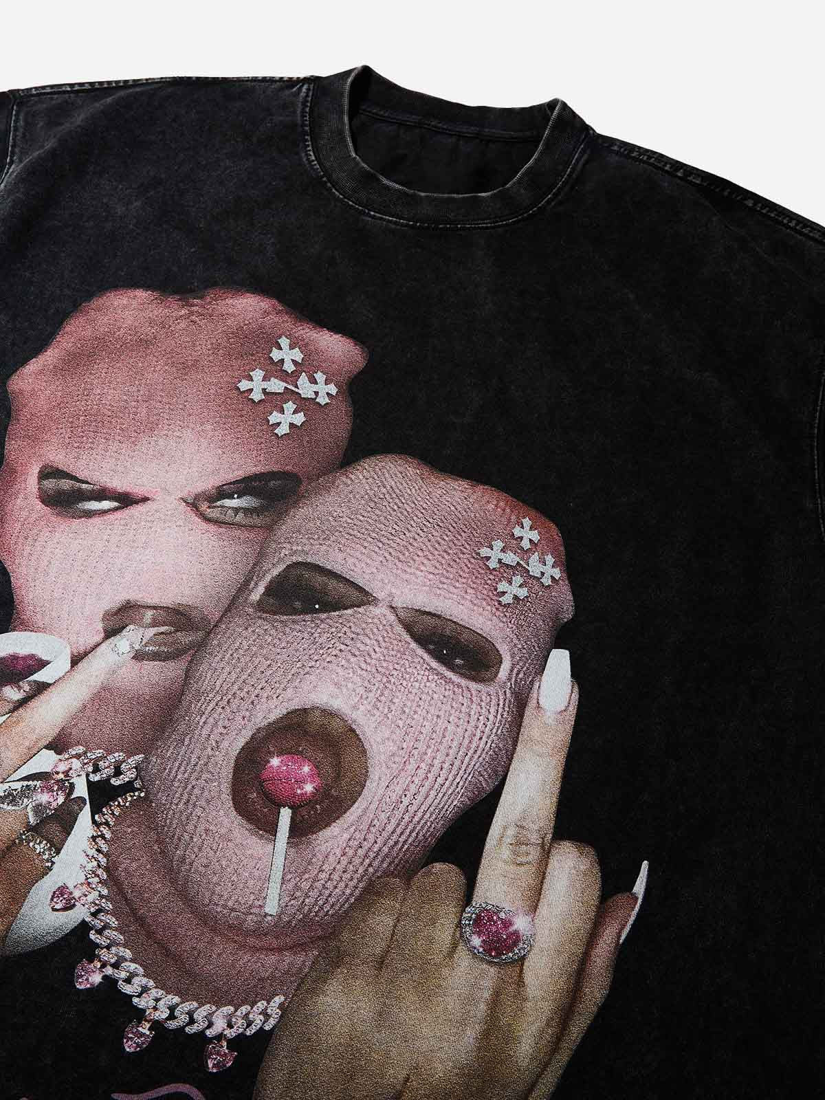 Pink Double-Person Balaclava Black Washed Print T-shirt