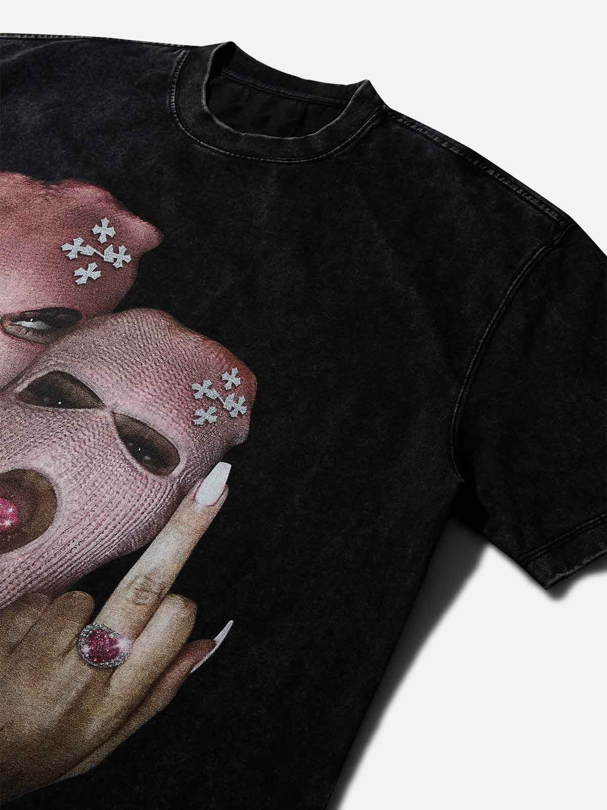 Pink Double-Person Balaclava Black Washed Print T-shirt