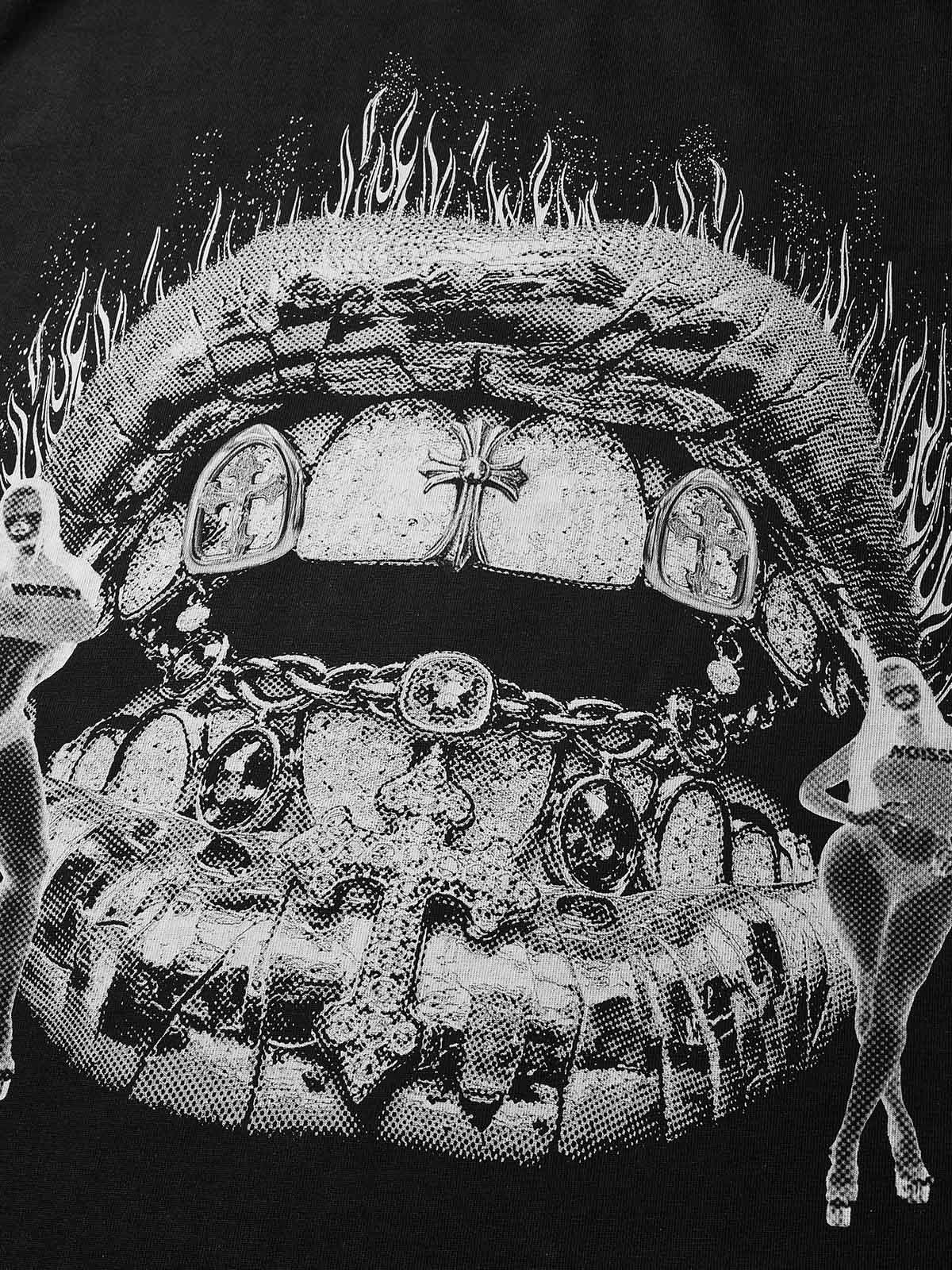 Boxy oversized T-shirt with Black-and-White Negative Burning Lips Print