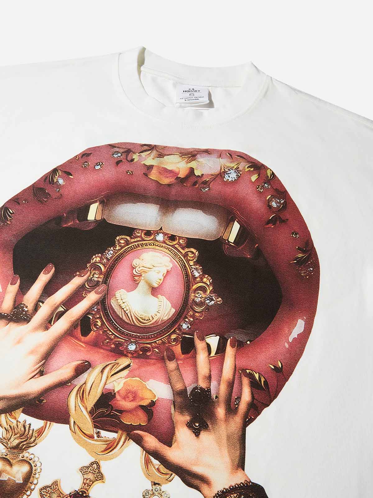 Boxy Oversized T-shirt with Royal Sculpture Badge, Floral and Lip Print