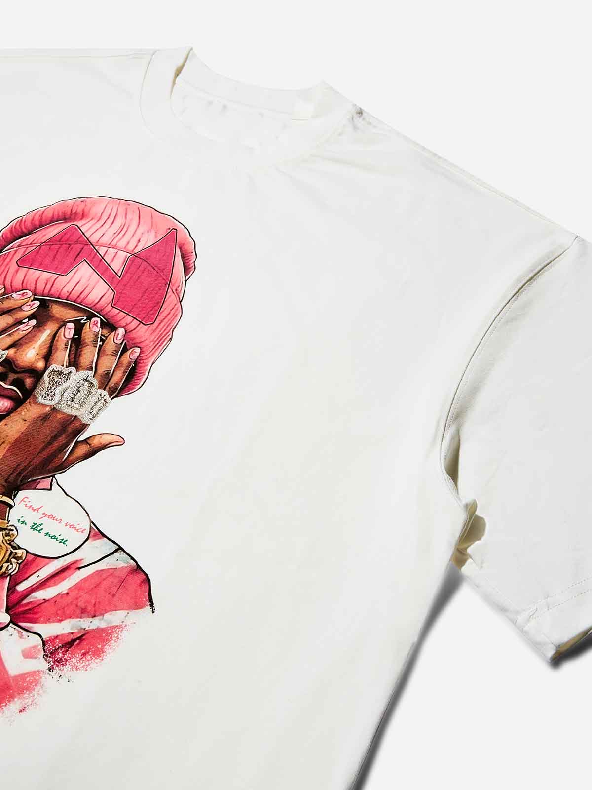 Boxy Oversized T-shirt with Noissey Logo and Pink Beanie Comic Print