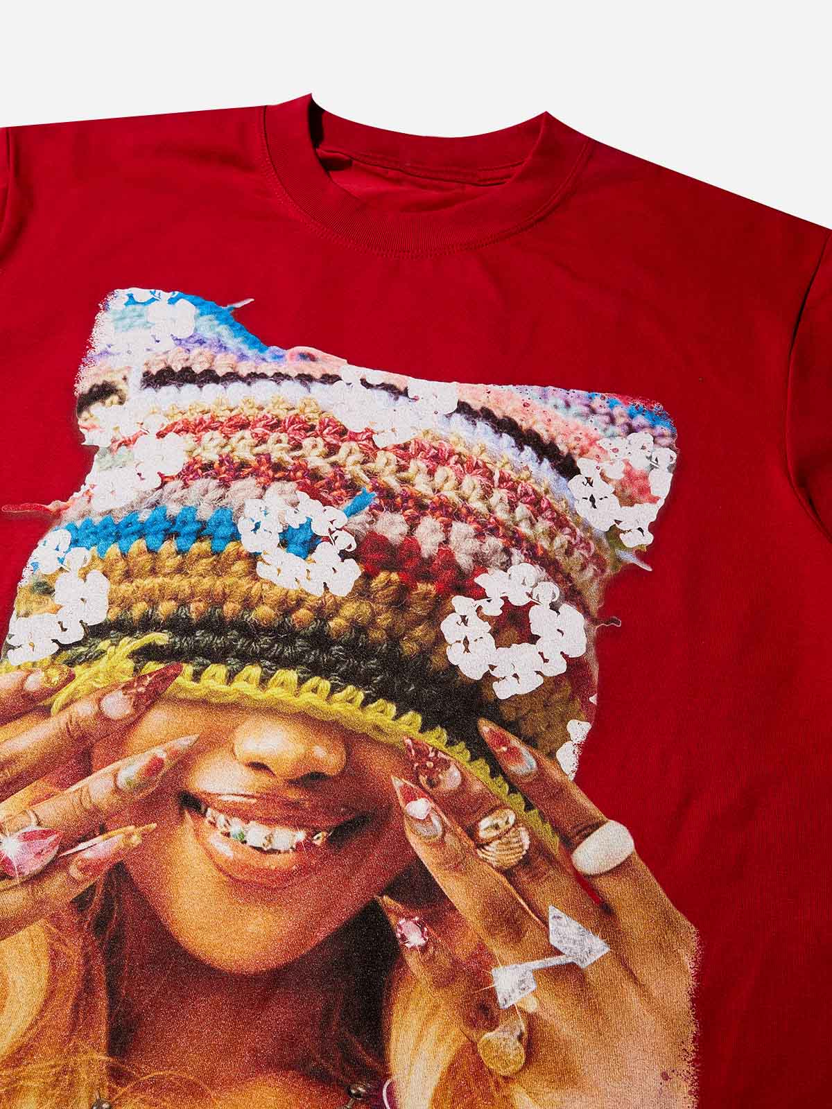 Colorful Cotton-Woven Cat-Ear Hat Girl Character Print Red Quick-Dry T-Shirt