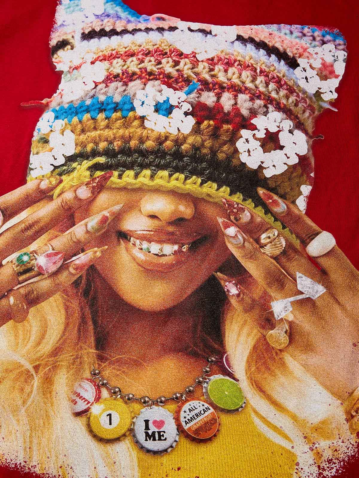 Colorful Cotton-Woven Cat-Ear Hat Girl Character Print Red Quick-Dry T-Shirt