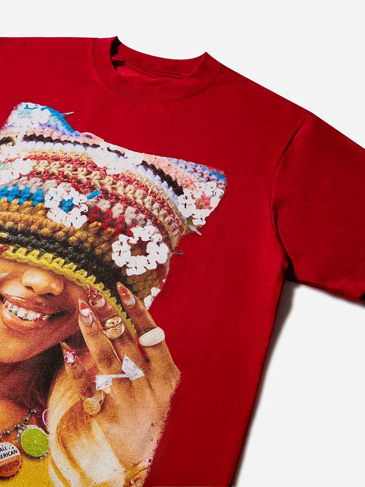 Colorful Cotton-Woven Cat-Ear Hat Girl Character Print Red Quick-Dry T-Shirt