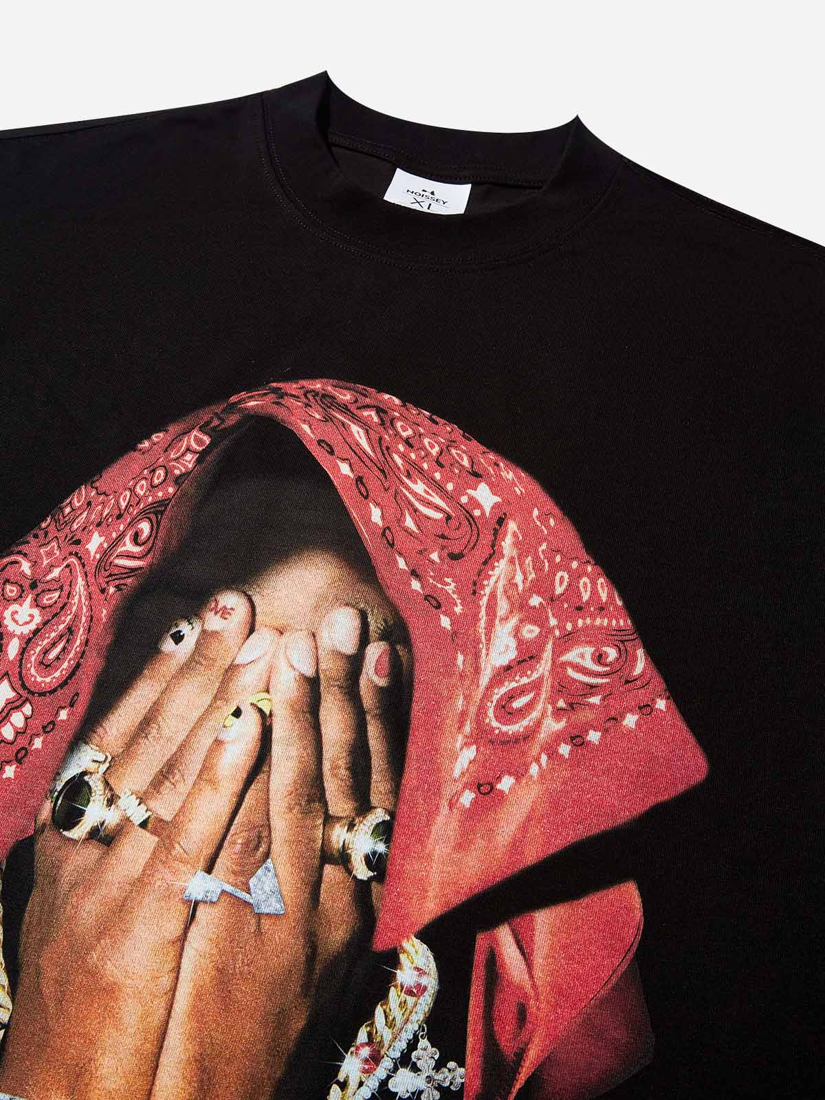 Boxy Oversized T-shirt with Red Paisley Art Headscarf Figure Print