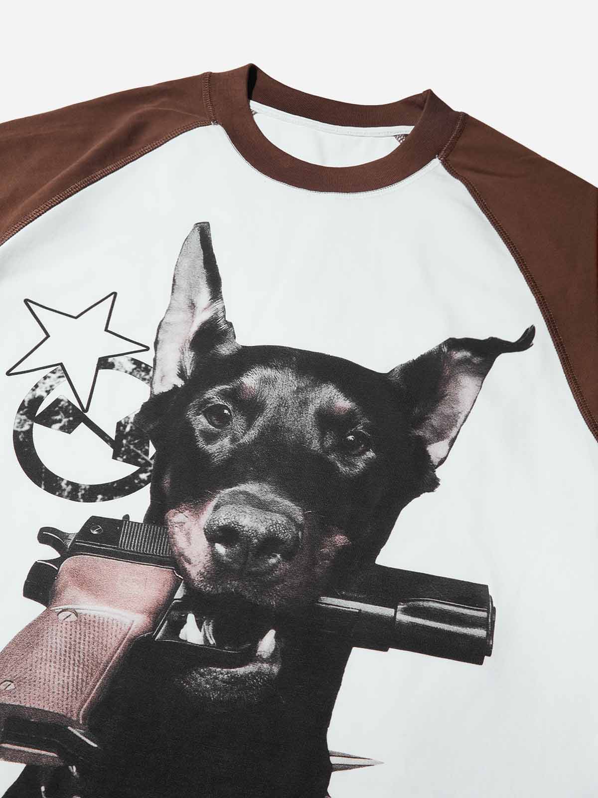 Doberman Pinscher and Its Toys Color-block Preppy Style Print T-shirt