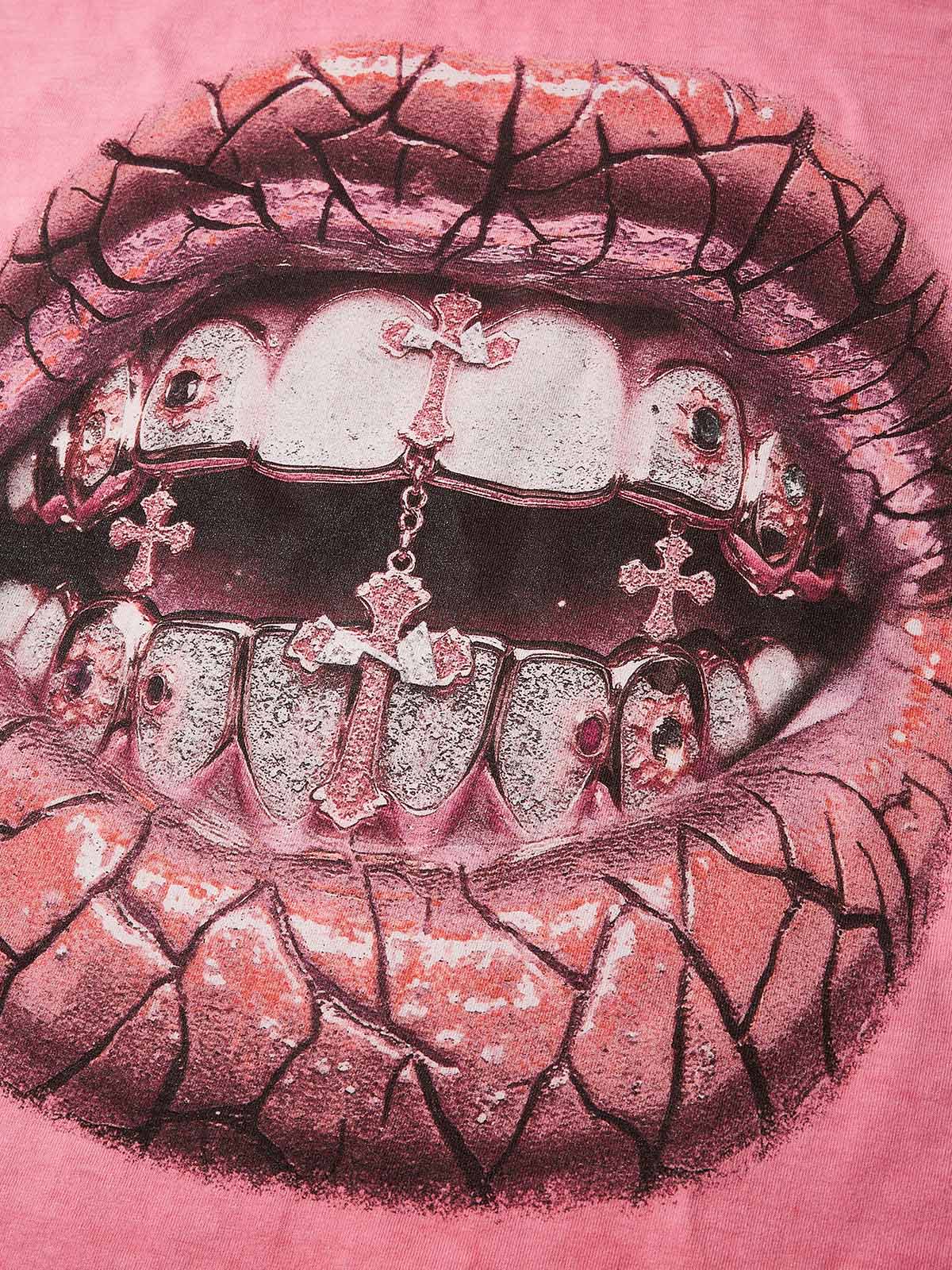 Pink Fluorescent Diamond Grills Washed Print T-Shirt