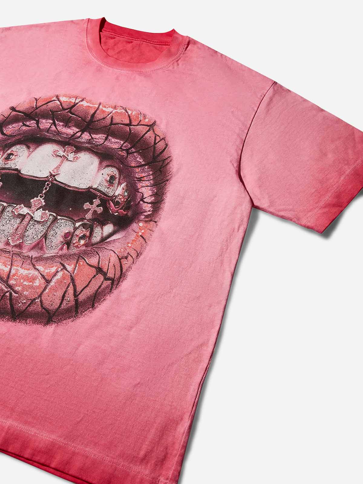 Pink Fluorescent Diamond Grills Washed Print T-Shirt