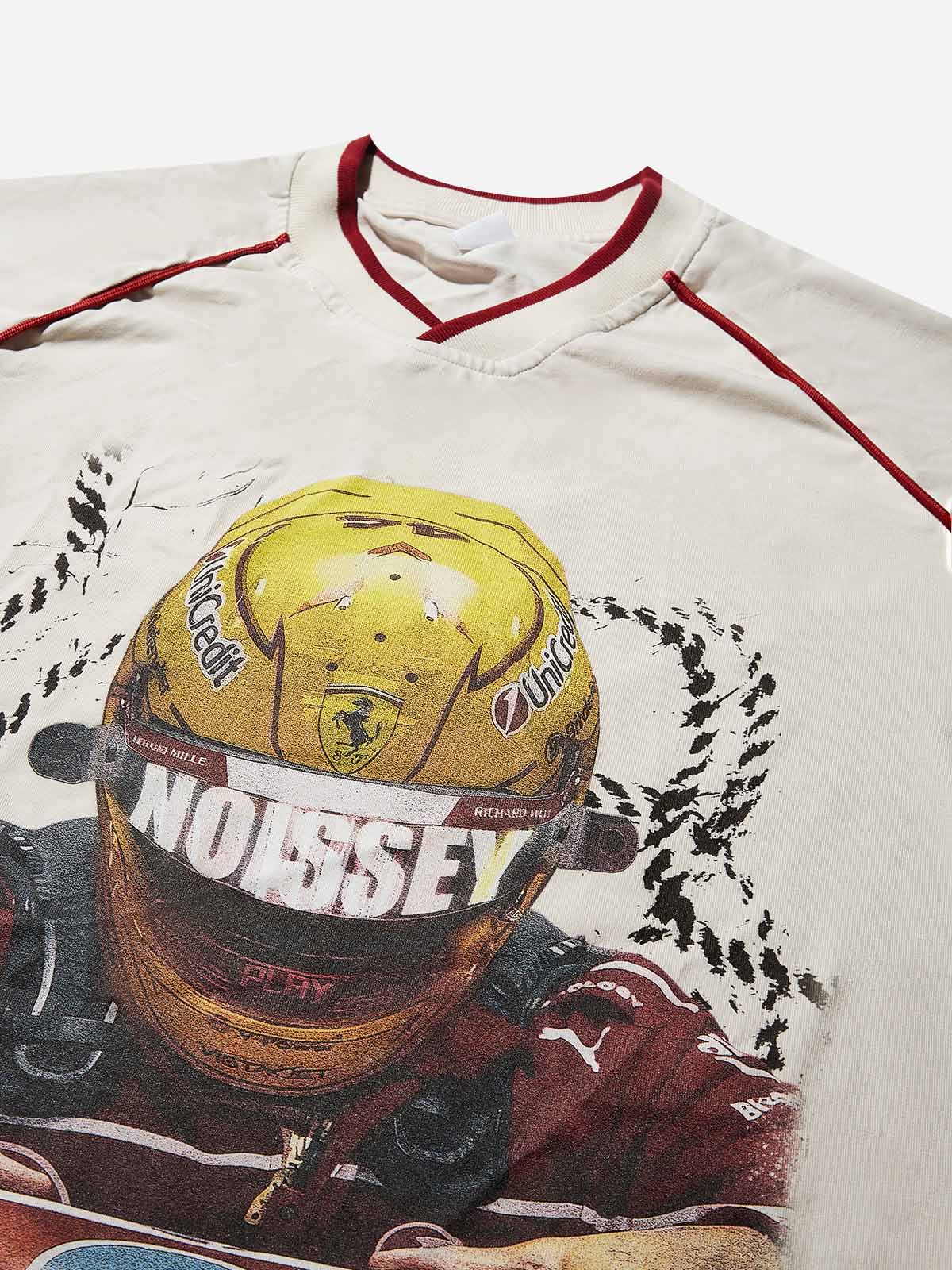 Speeding racing character print Preppy-style T-shirt