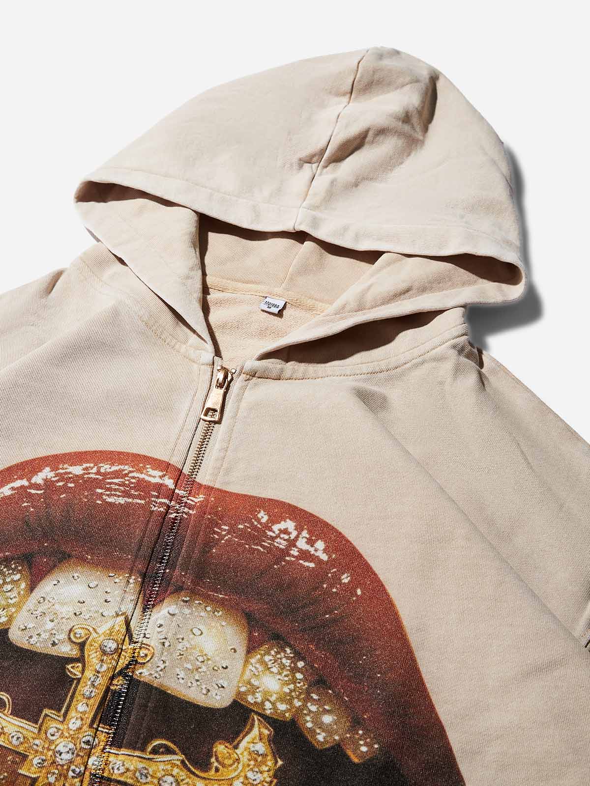 Gold Diamond Ring and Mask Culture Lip Print Hoodie