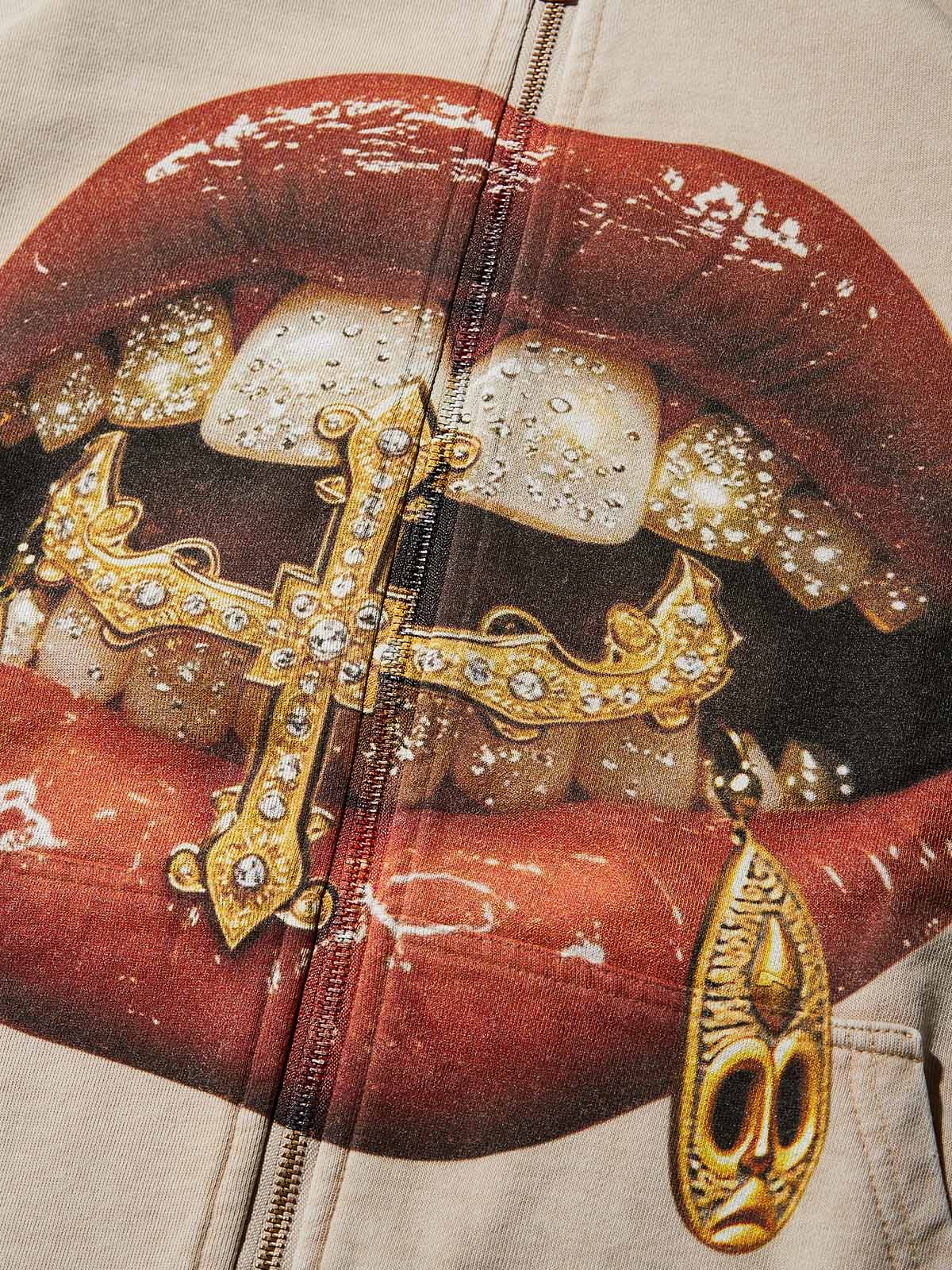 Gold Diamond Ring and Mask Culture Lip Print Hoodie