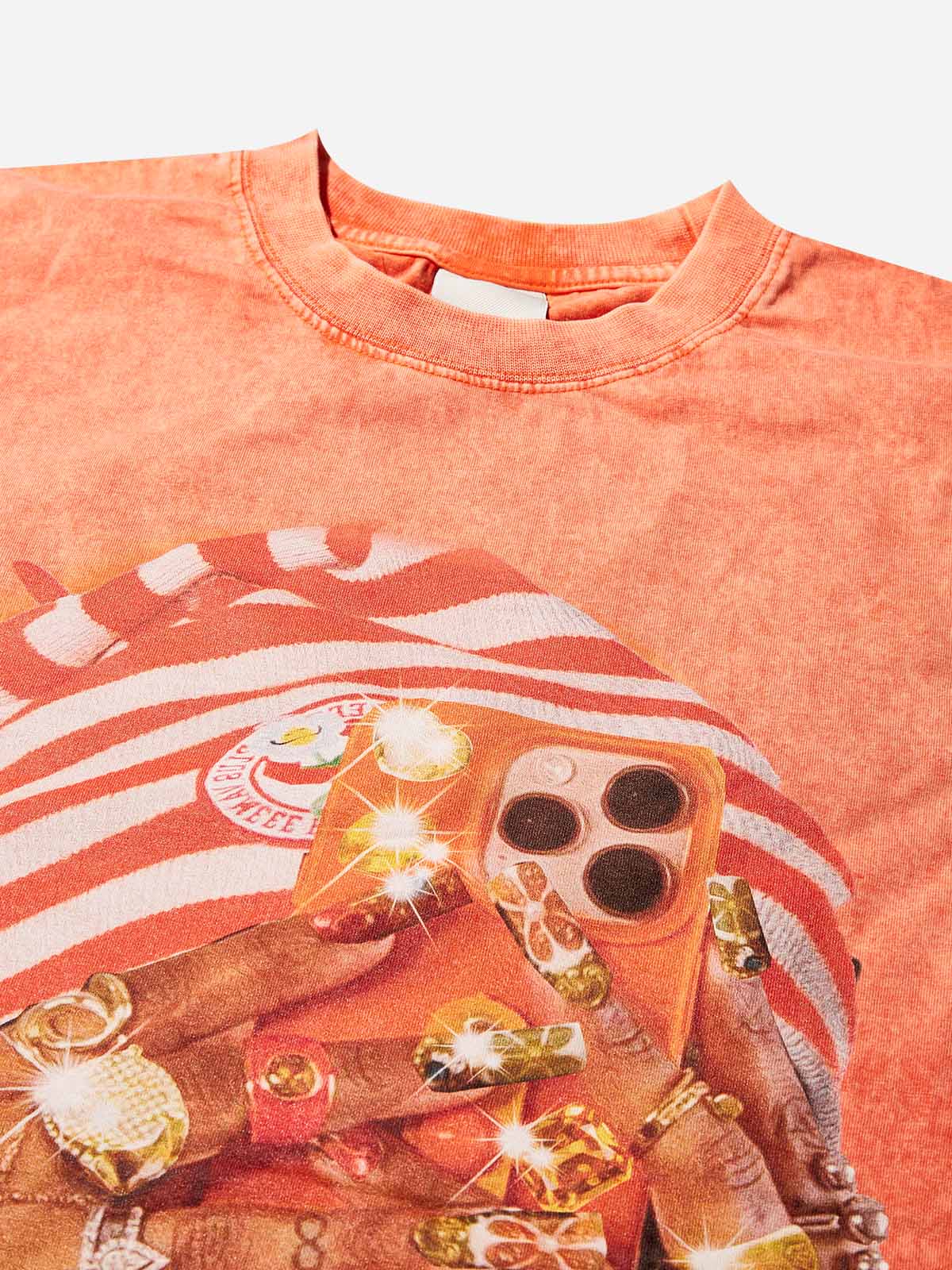 Striped Cap Orange Wash Print T-shirt