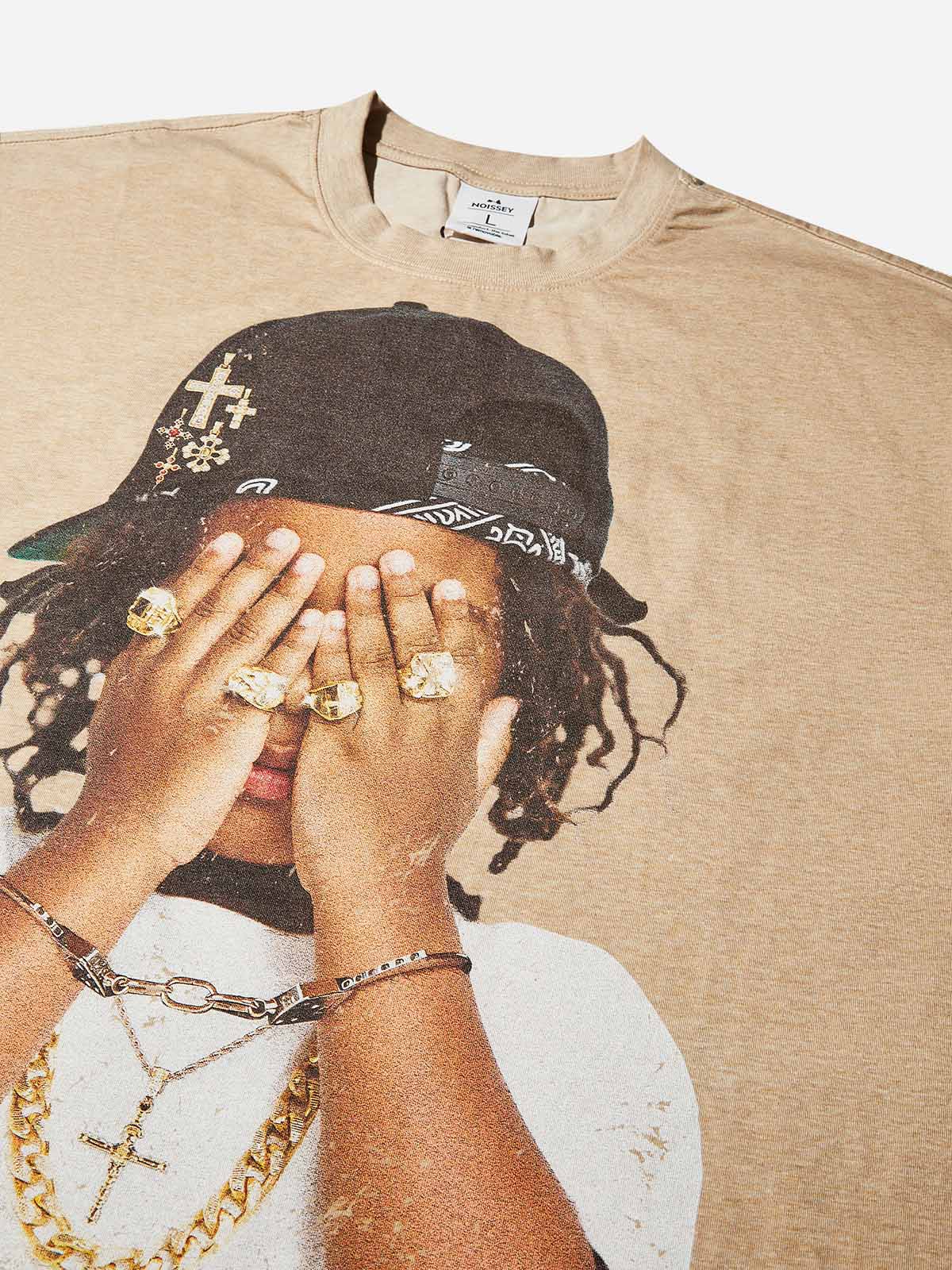 Boxy Oversized T-shirt with Hip-Hop Kid Covering Eyes Print