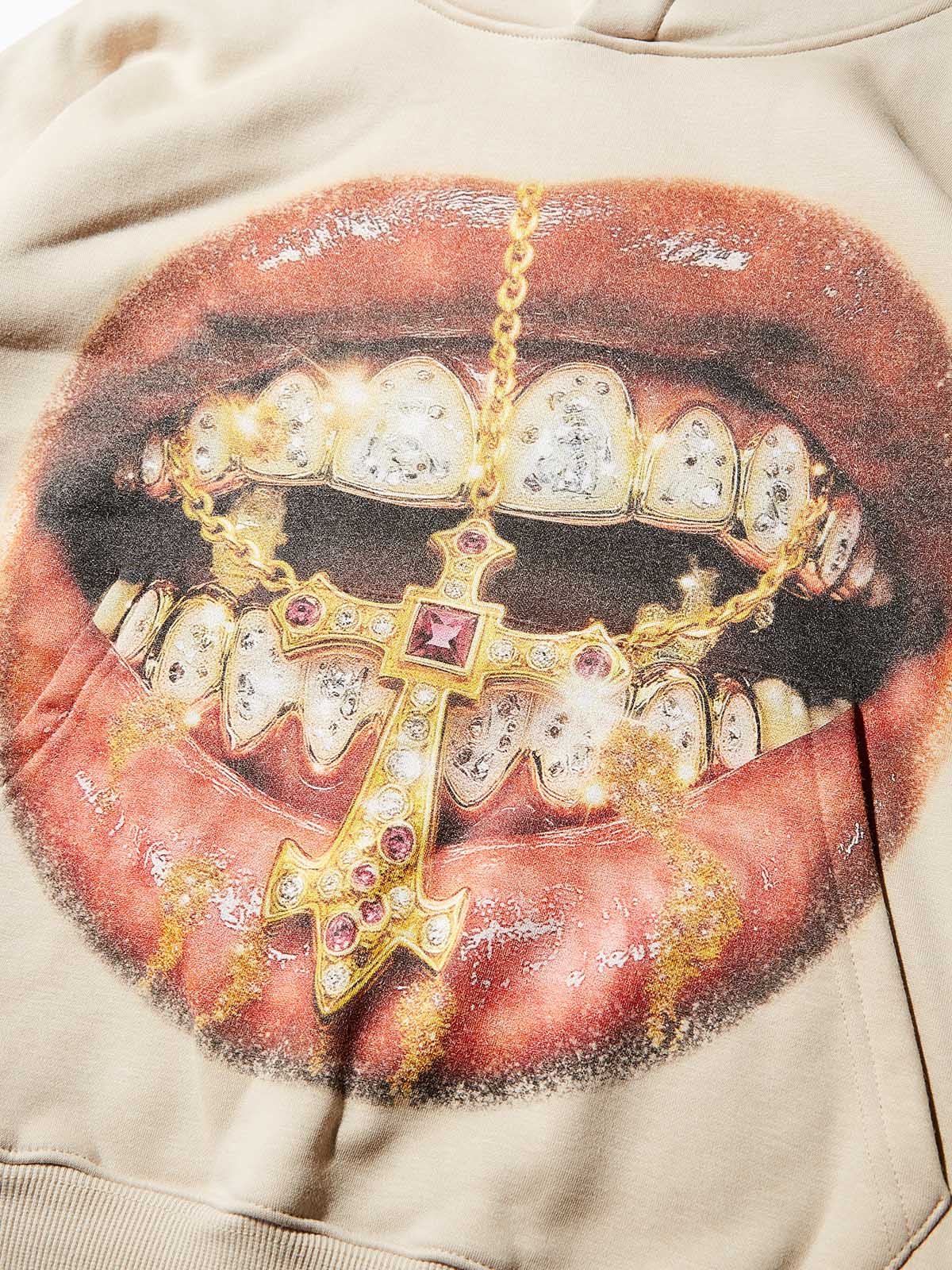 Golden Cross Diamond Patch Grills Print Sweat-Wicking Tech Fabric Hoodie