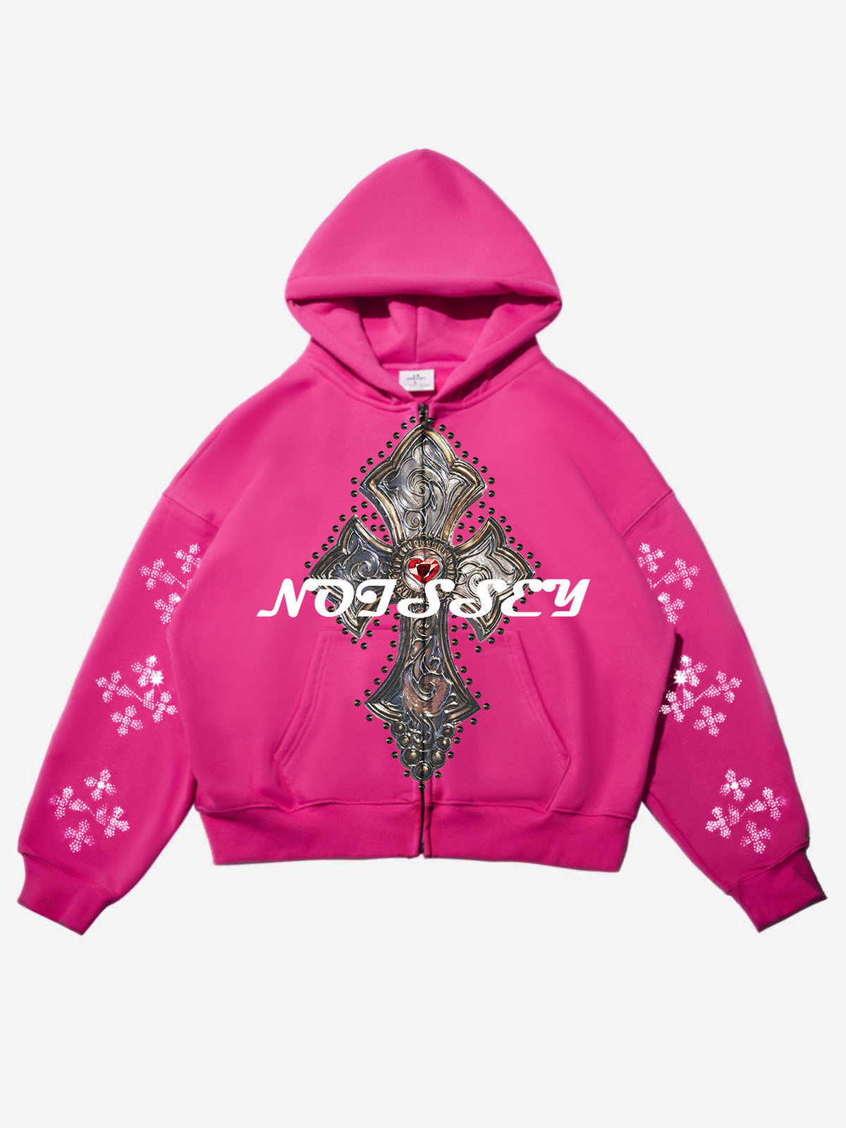 Diamond Cross Print Pink Zip Hoodie