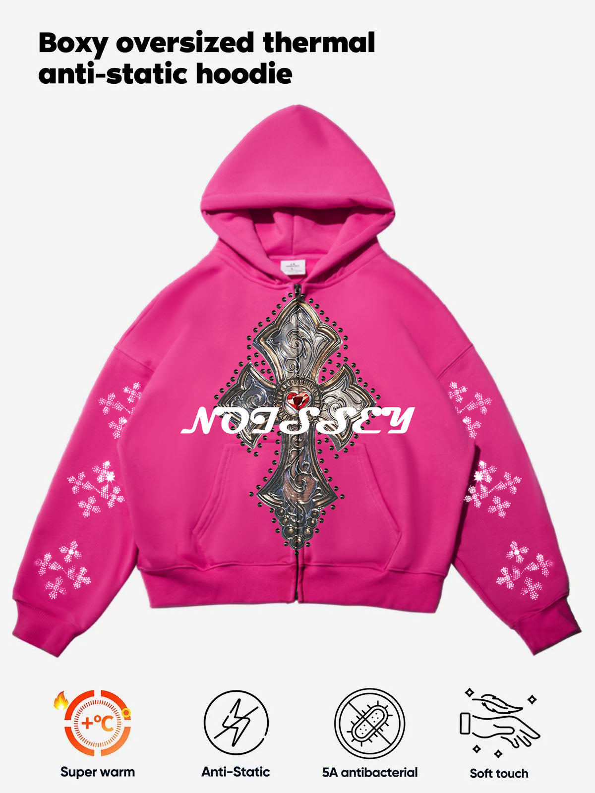 Diamond Cross Print Pink Zip Hoodie