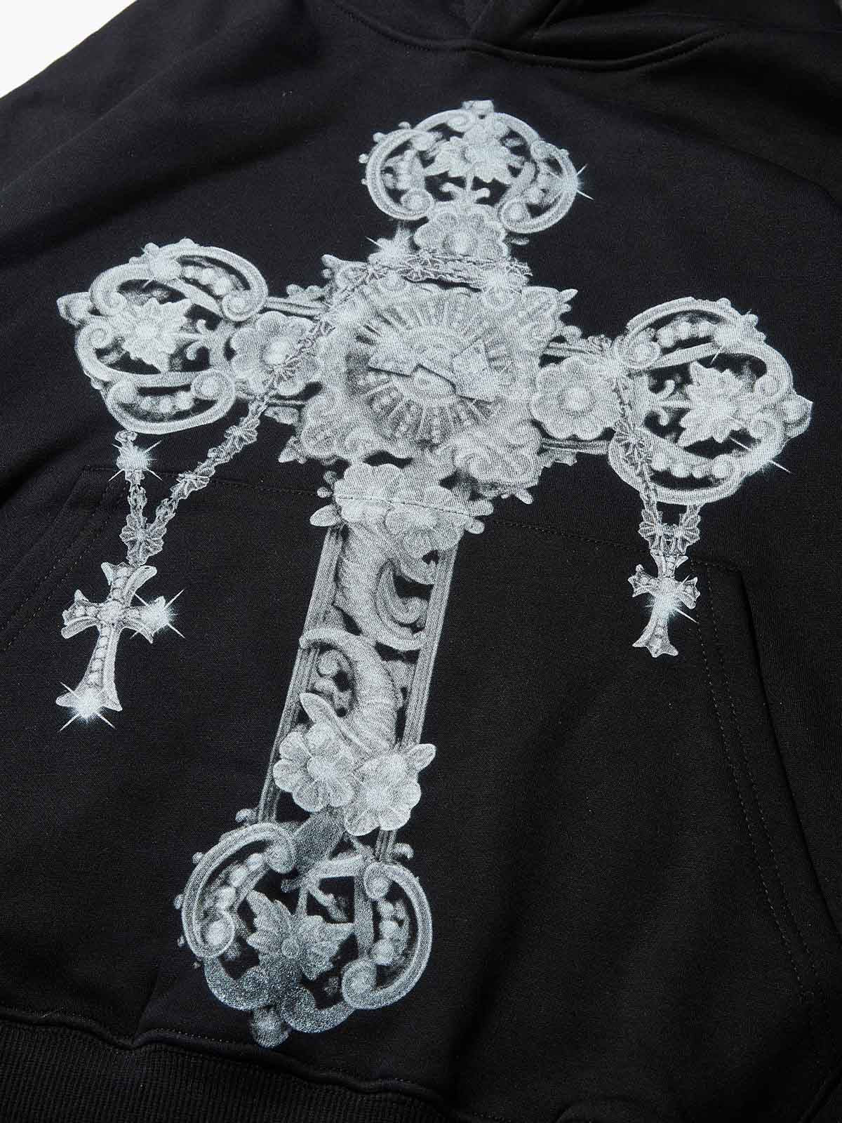 Silver Metal Diamond Cross Tech Fabric Hoodie