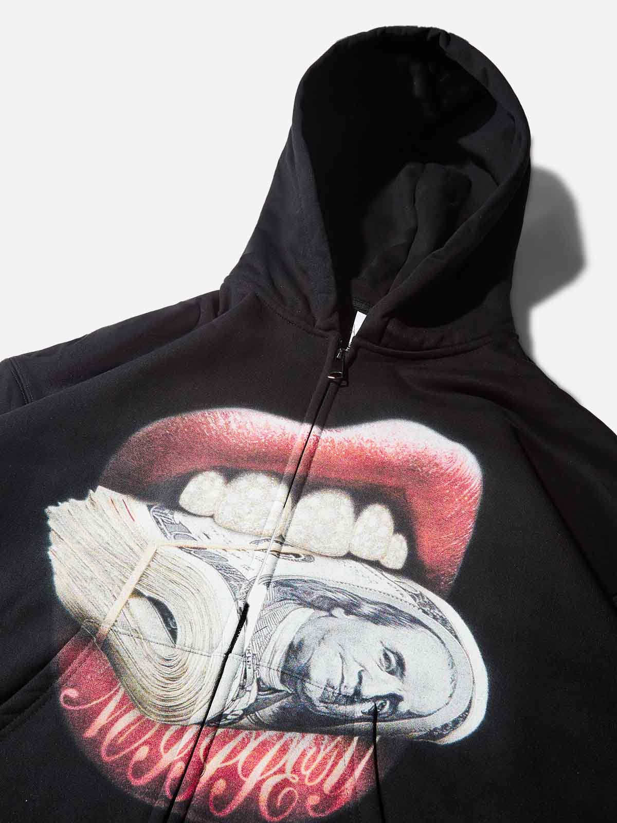 Money-Biting Lip Diamond Grills Warm Zip-Up Hoodie