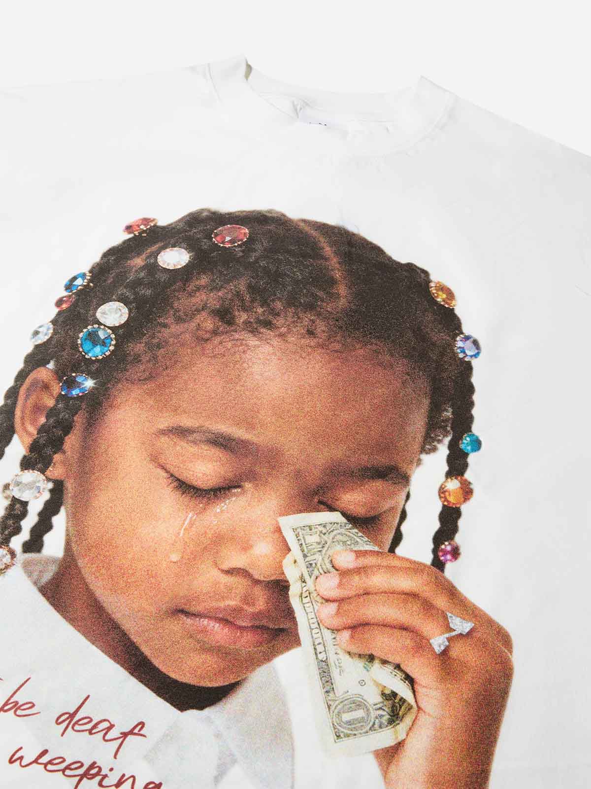 "Do not be deaf to my weeping" Girl Wiping Tears with Money Print T-shirt