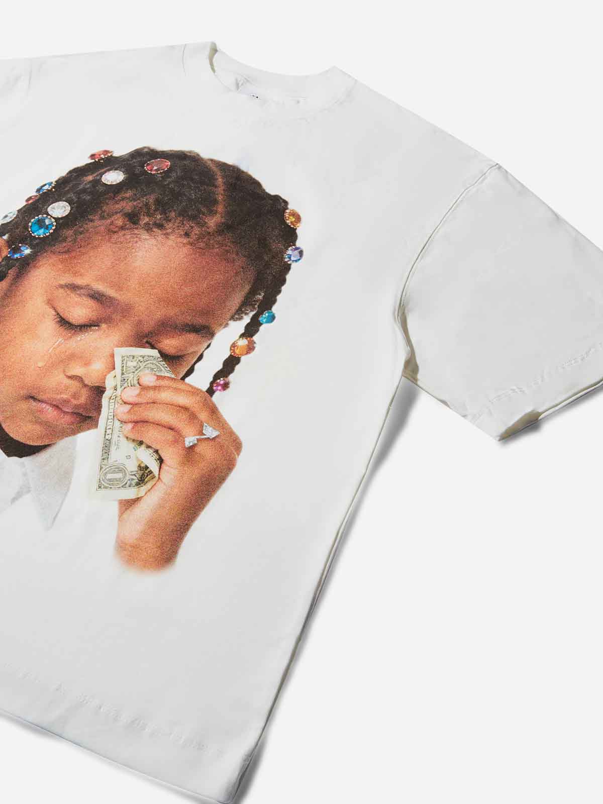 "Do not be deaf to my weeping" Girl Wiping Tears with Money Print T-shirt