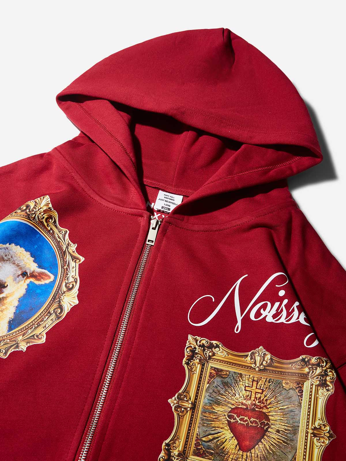 Red Hoodie Adorned with Religious Icons