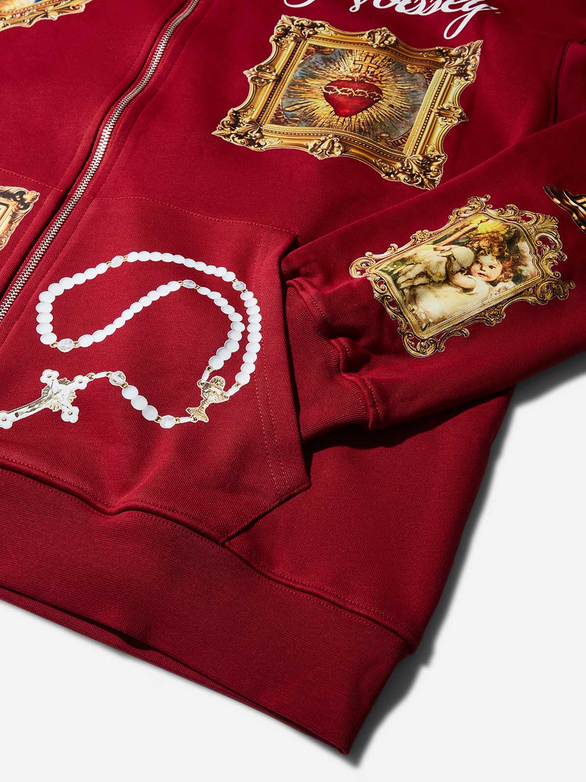 Red Hoodie Adorned with Religious Icons