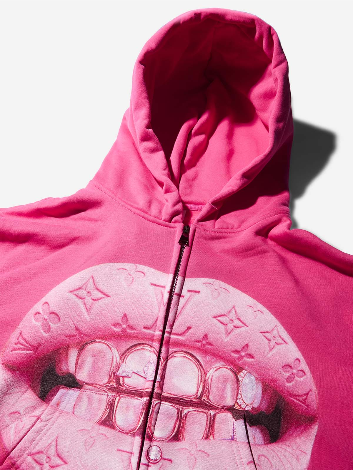 Leather Cat's Eye Grillz Print Pink Warm Hoodie