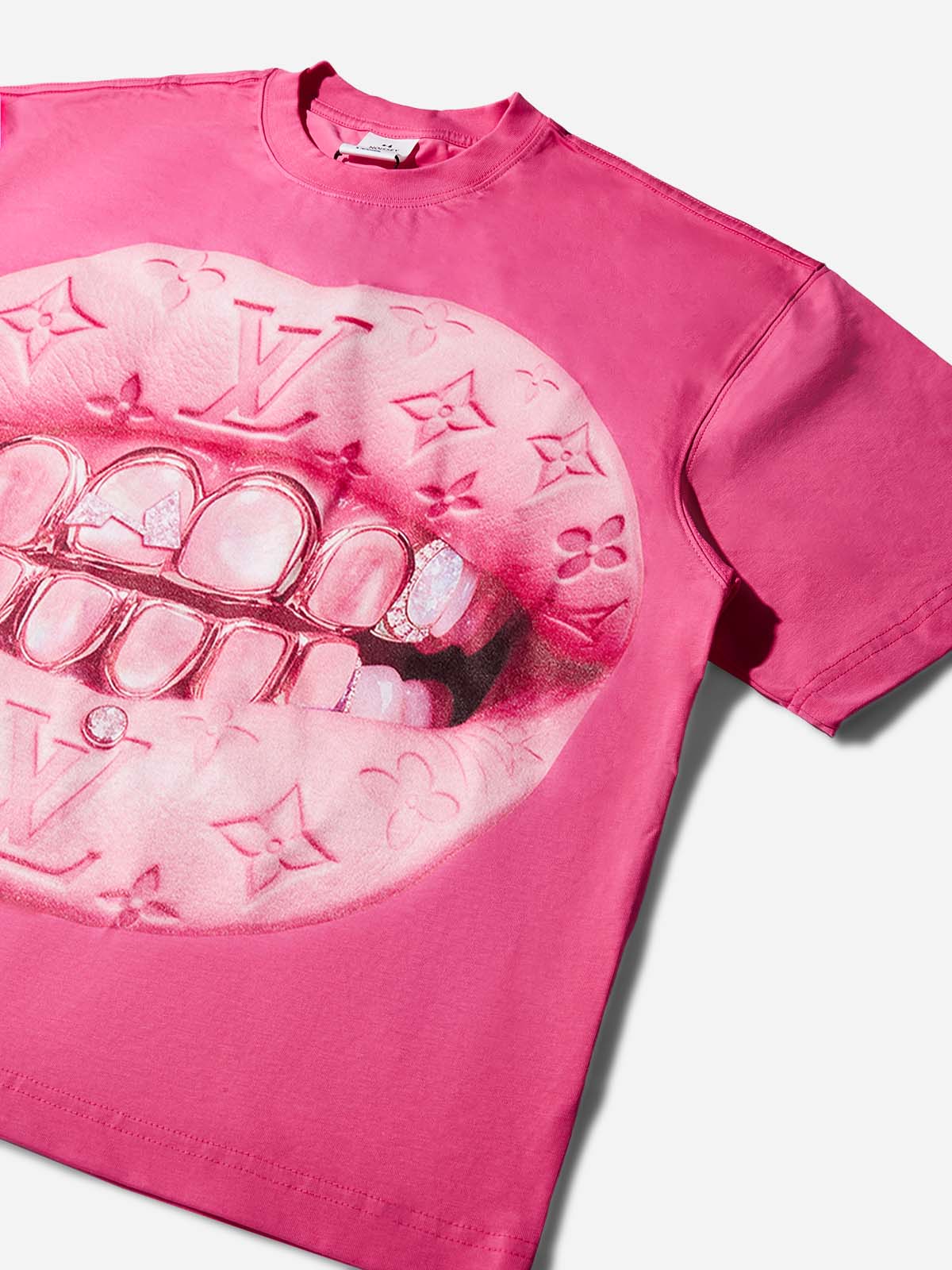 Leather Cat's Eye Grillz Print Pink Boxy Oversized T-shirt