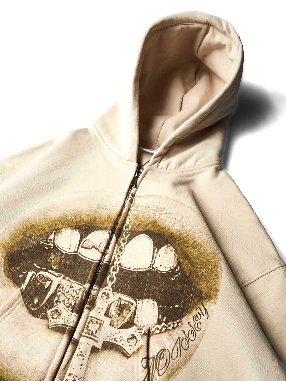 Retro Monochrome Cross Grillz Shell-colored Print Boxy Hoodie