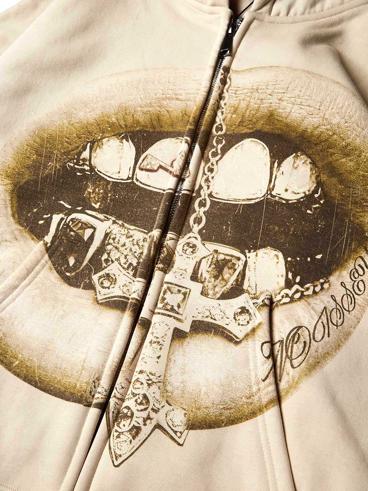 Retro Monochrome Cross Grillz Shell-colored Print Boxy Hoodie