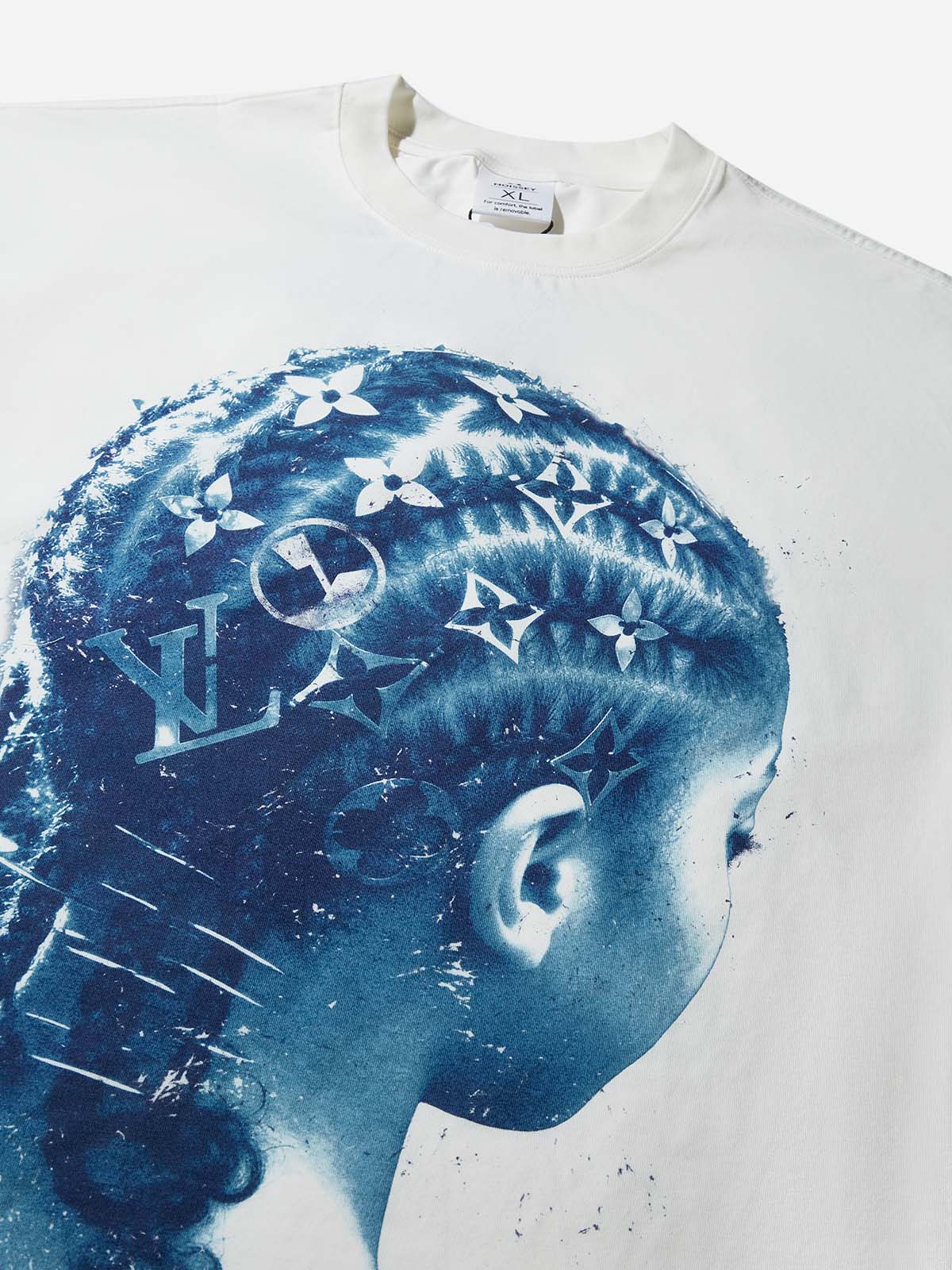 Blue Sun Print Retro Girl Braids Art Print Boxy Oversized T-shirt