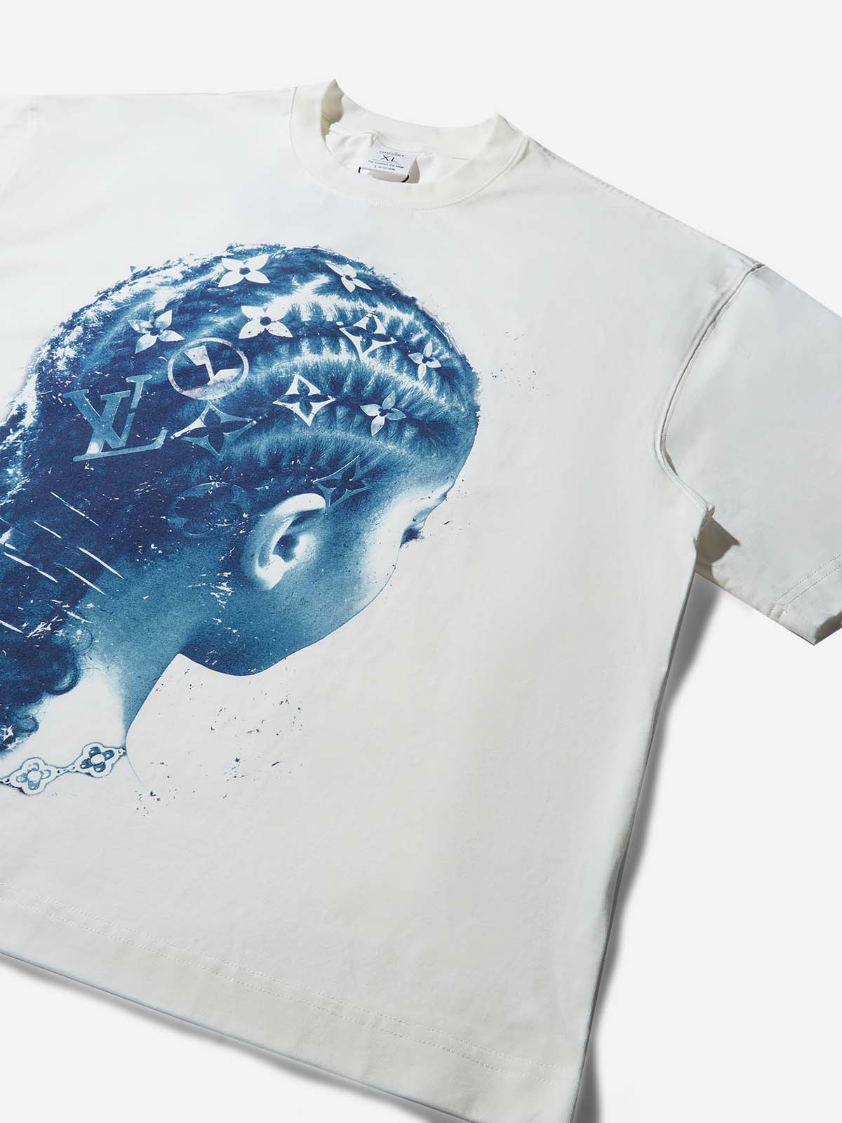 Blue Sun Print Retro Girl Braids Art Print Boxy Oversized T-shirt