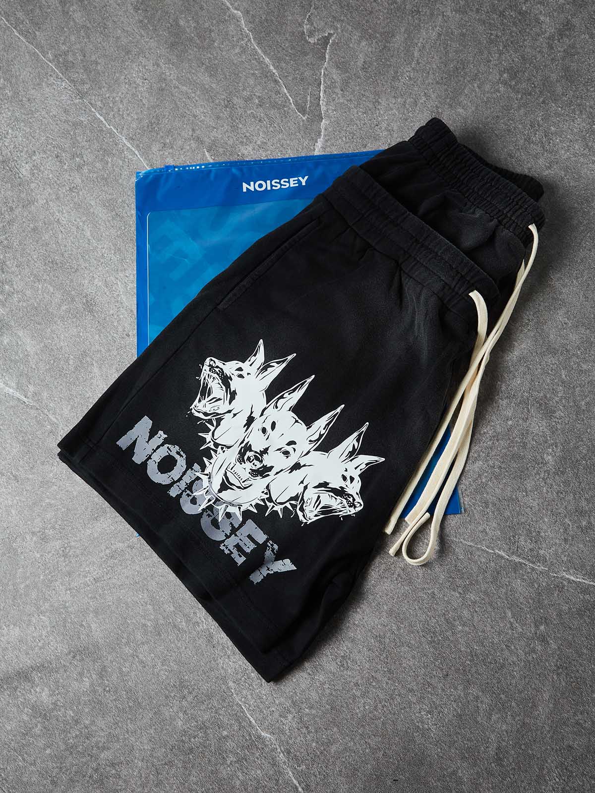 NOISSEY TRIPLE-HEADED DOBERMAN VINTAGE DISTRESSED SWEAT SHORTS