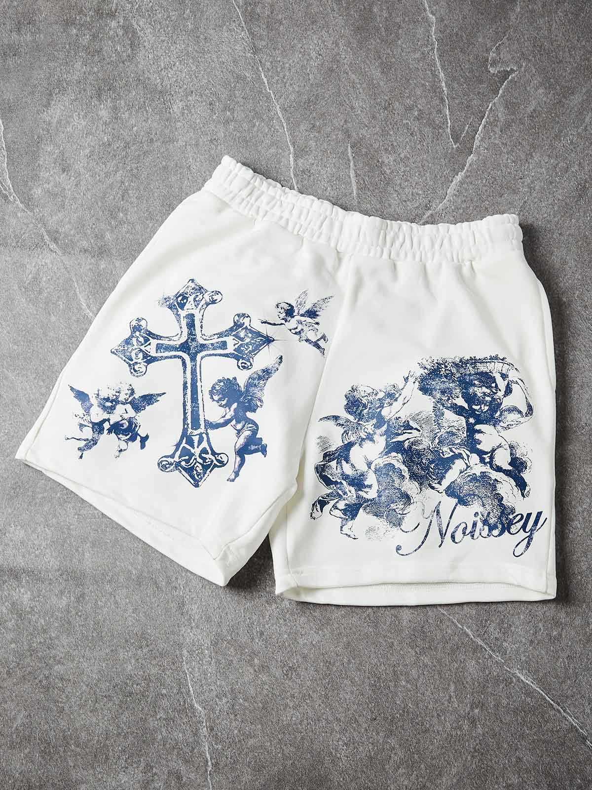 NOISSEY "Blue Angel" Cross & Cherub Graphic Heavyweight Slim-Fit Shorts - Pure White