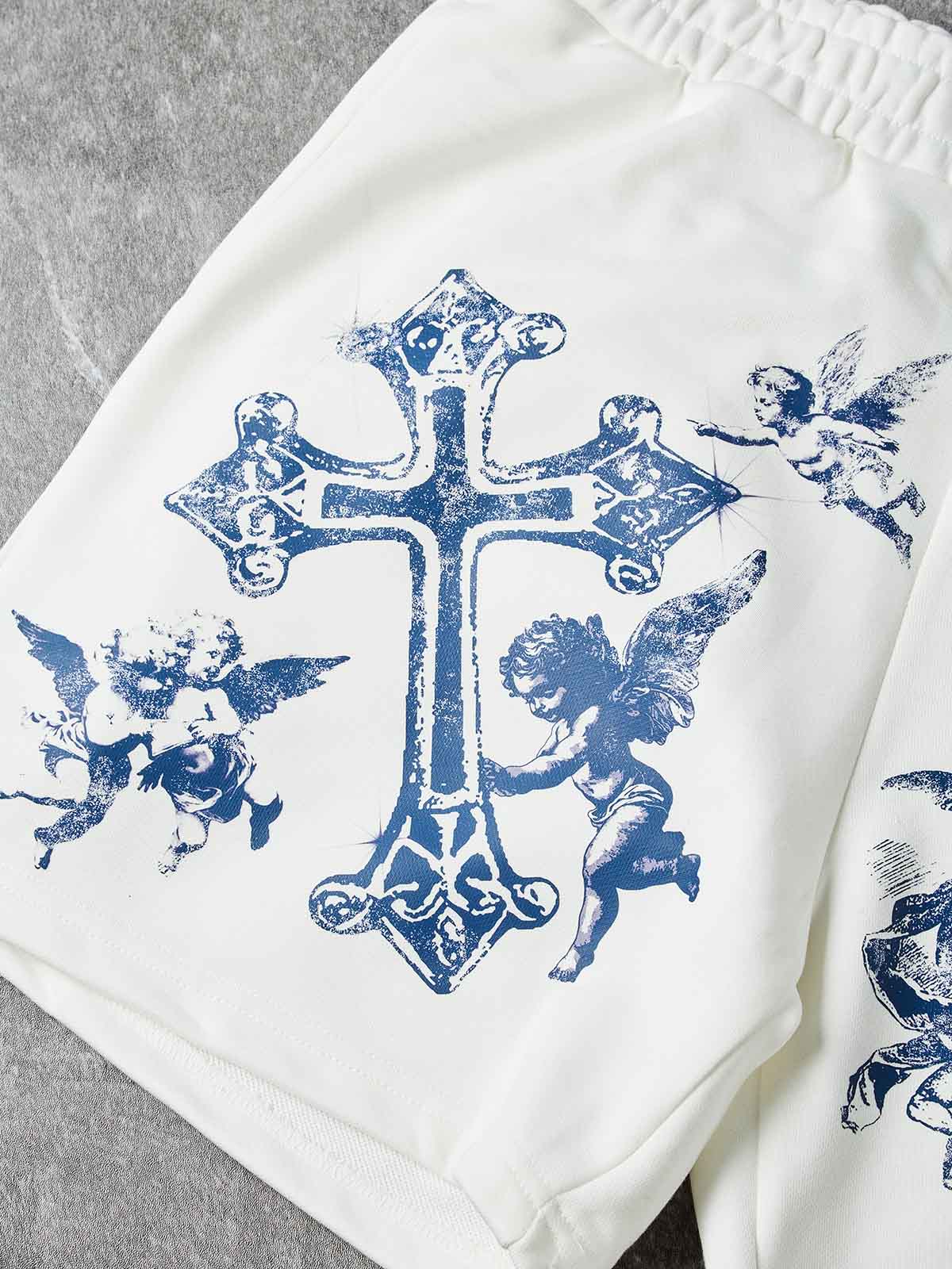 NOISSEY "Blue Angel" Cross & Cherub Graphic Heavyweight Slim-Fit Shorts - Pure White