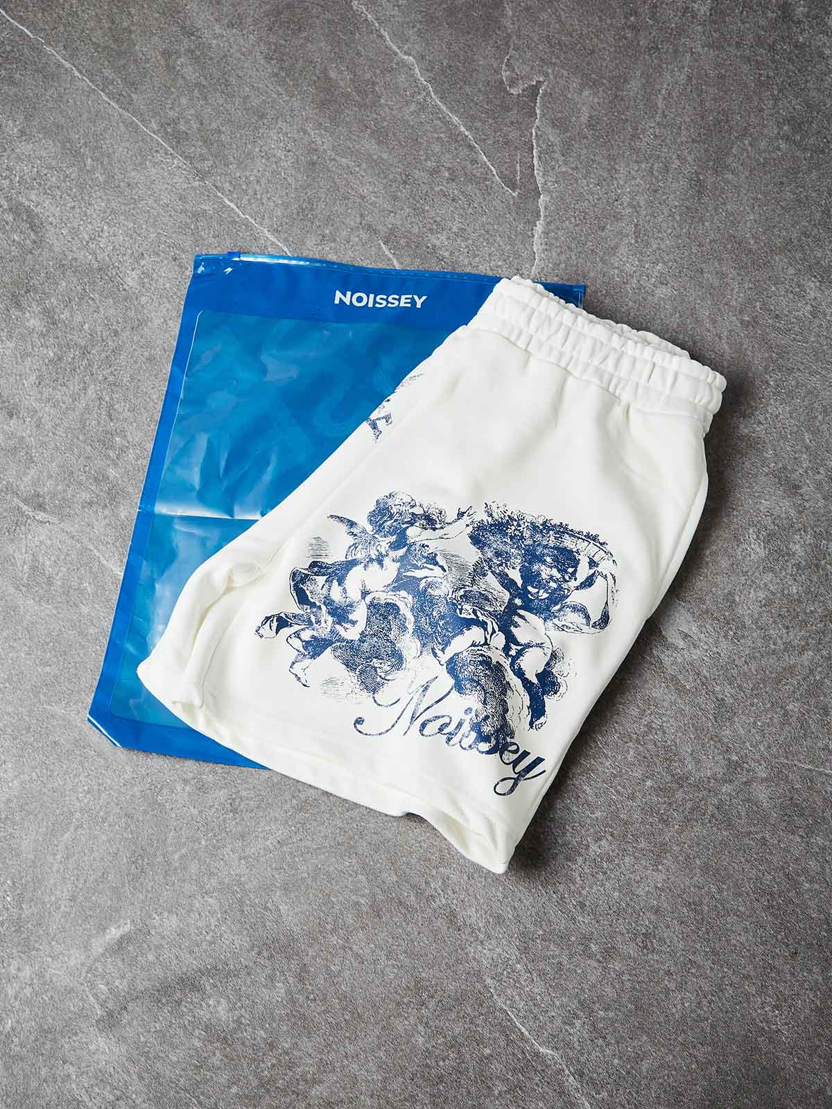 NOISSEY "Blue Angel" Cross & Cherub Graphic Heavyweight Slim-Fit Shorts - Pure White
