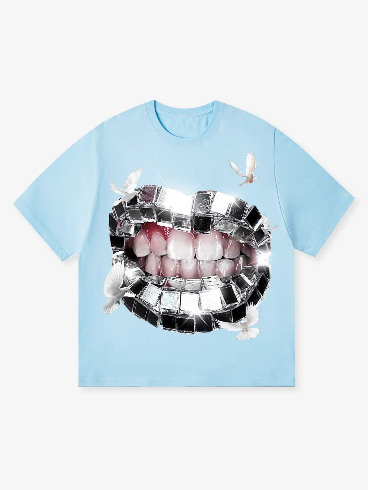 Silver Patch Lip Pigeon Baby Blue Print T-Shirt