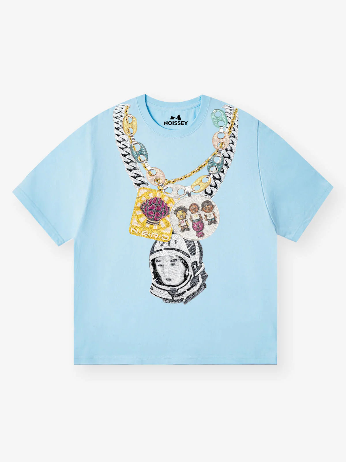 Memory-Carrying Rapper Necklace Sky Blue Printed T-shirt