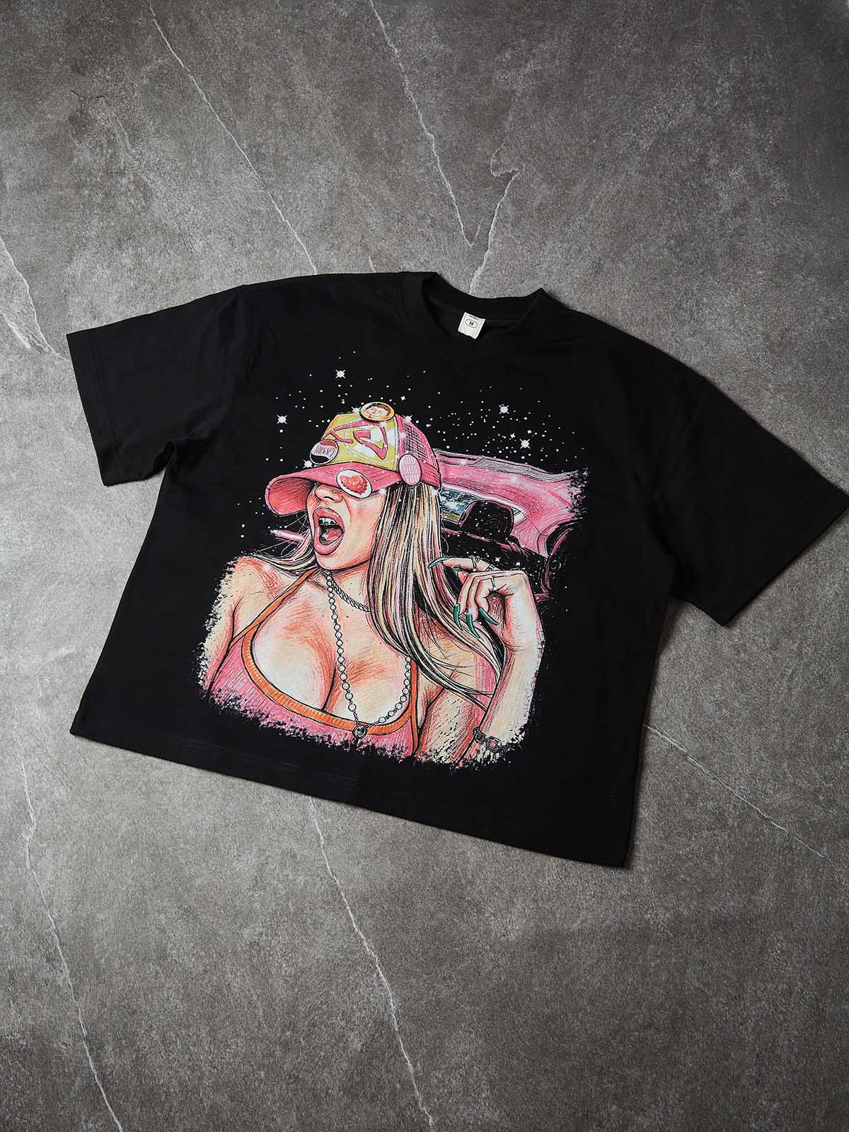 NOISSEY "Starlit Girl" American Illustration DIY Boxy Tee - Onyx Black