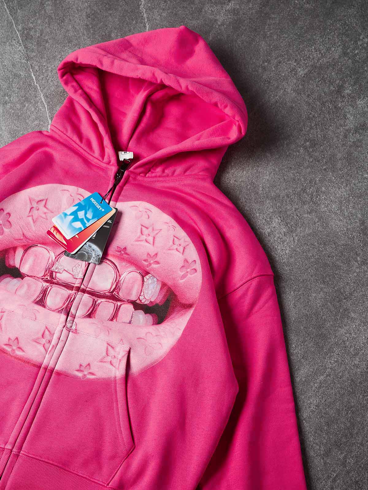 NOISSEY Pink "Leather Cat's Eye" Grillz Zip-Up print Hoodie