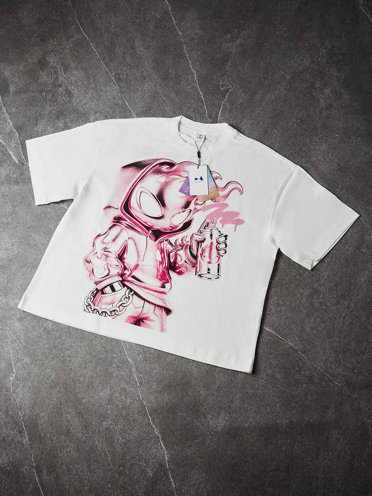 NOISSEY "Metallic Spray" Chrome Fire Man Character Boxy Tee - White