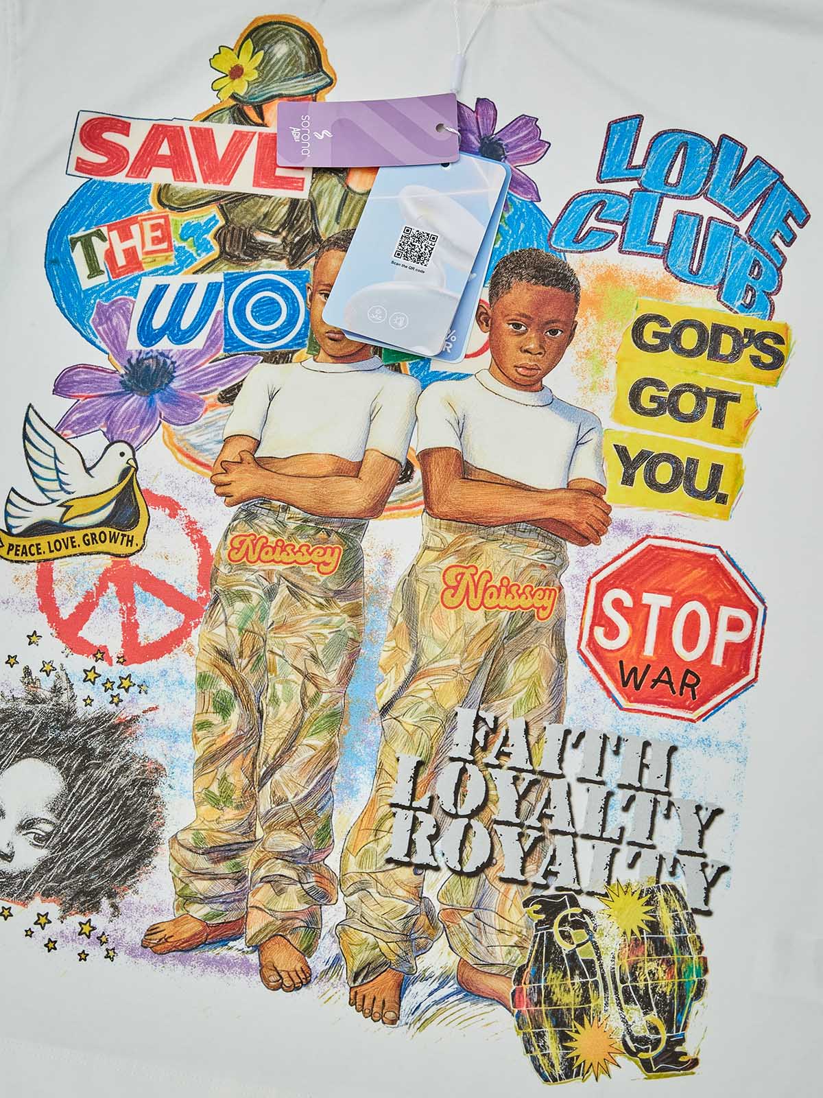 Close-up of the graphic details, showing the "Stop War" sign, the textures of the camouflage clothing, and the vibrant floral accents.