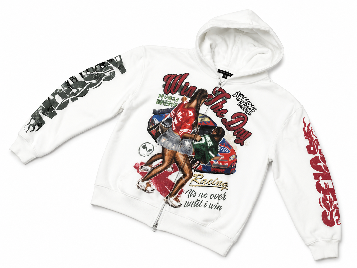 NOISSEY ""Win the Day" Racing Culture Figure Graphic Zip Up Hoodie - Cloud White