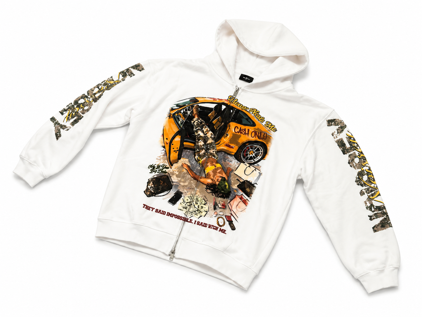 NOISSEY "Money Needs Me" Boxy Heavyweight Camo Art Zip Up Hoodie - Cloud White