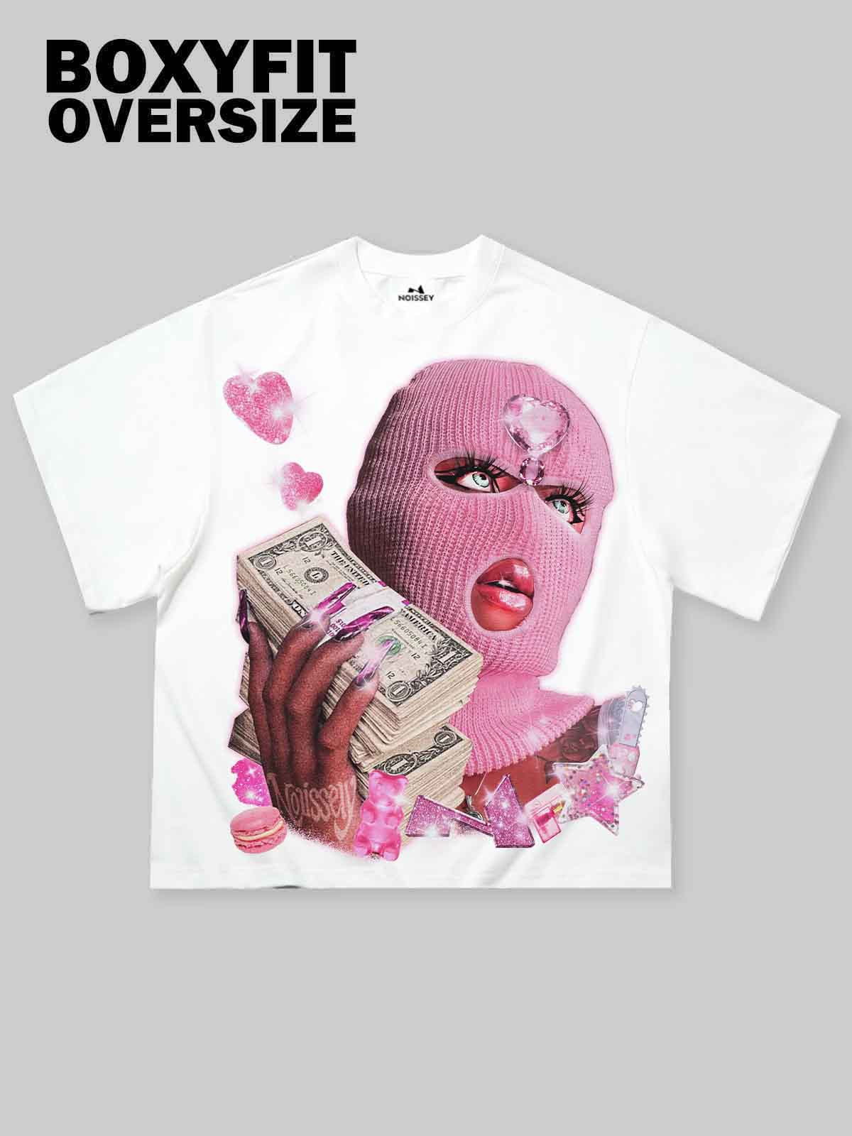 Noissey Boxy Oversized T-shirt with Balaclava Girl Holding Money
Print